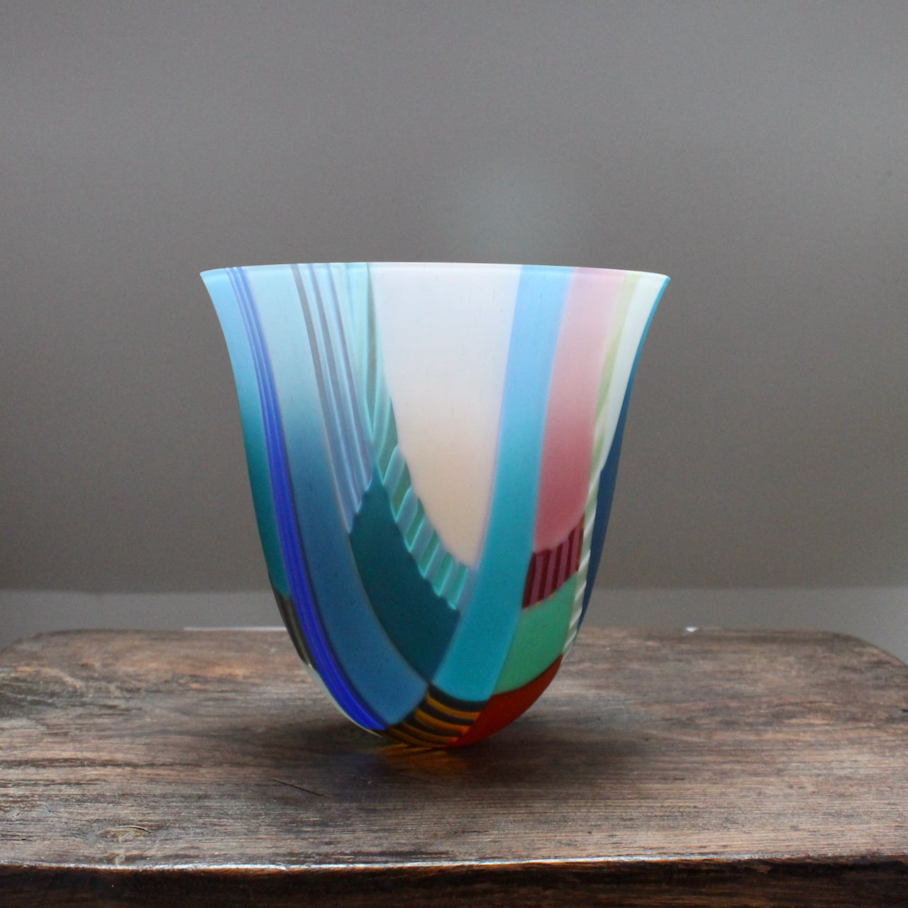 Large multi coloured glass vessel made by glass artist Ruth Shelley