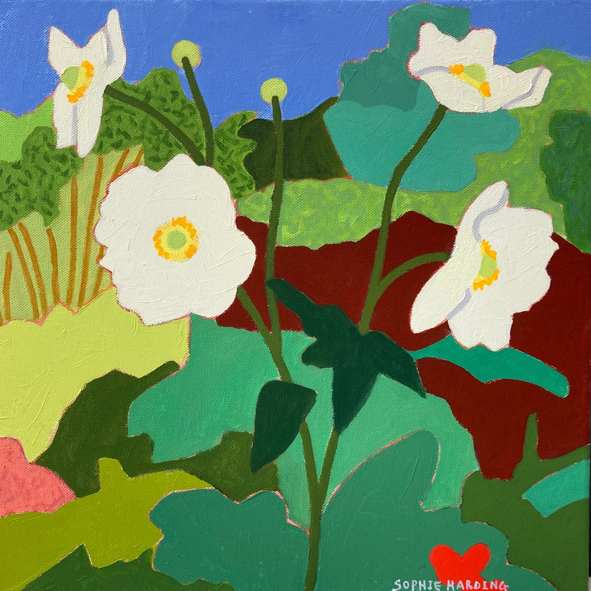 Sophie Harding painting of white flowers in a garden with blue sky beyond