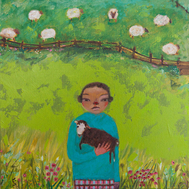 painting by naive artist Siobhan Purdy of a girl wearing a blue jumper in a field of white sheep holding a black lamb