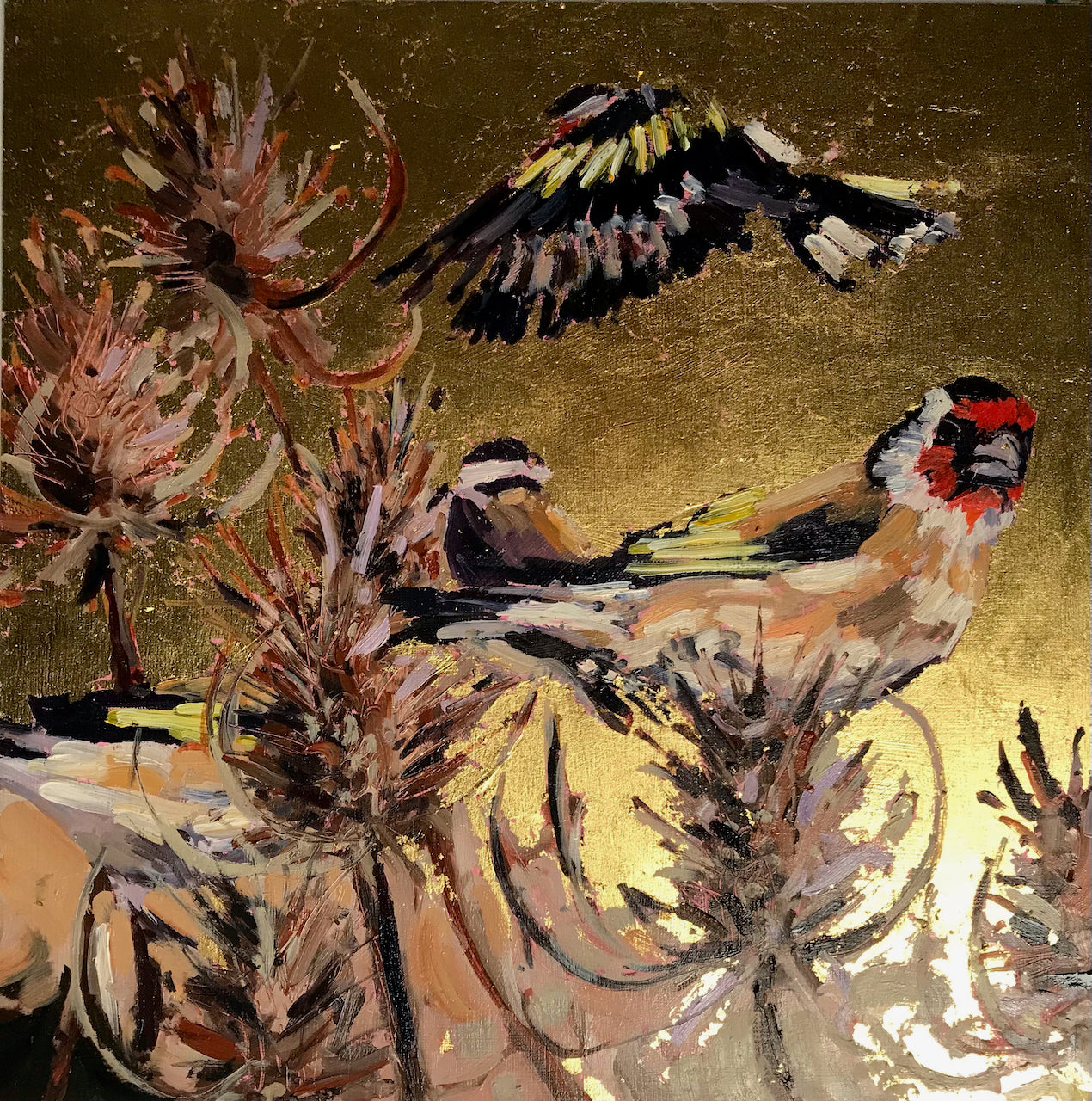 Gold lustre square painting with three goldfinch birds and thistles by artist Jill Hudson