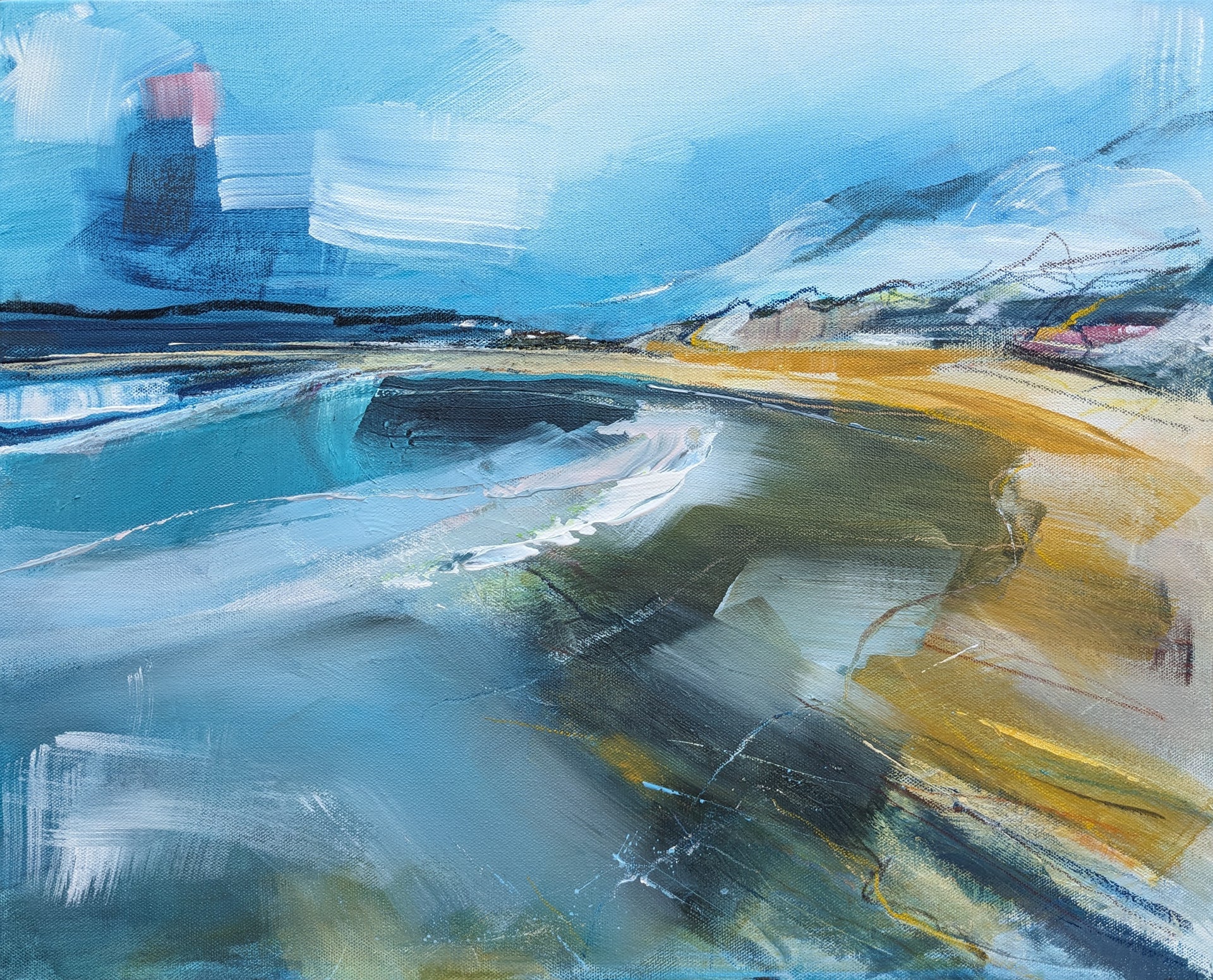 Painting with tones of blues, whites and ochre of shoreline and coastline by Aisleigh O'Neill