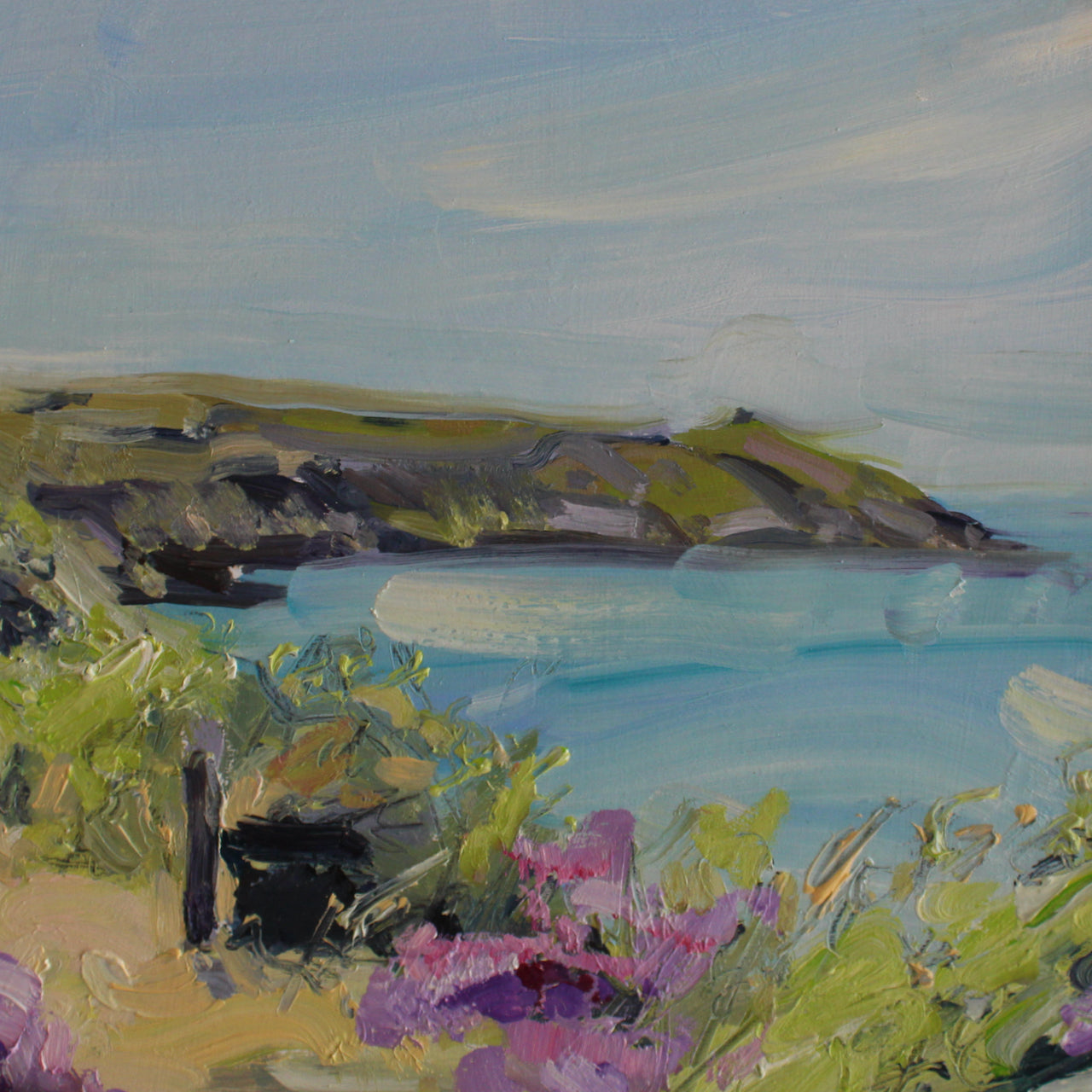 Jill Hudson painting of Rame Head in Cornwall with pink flowers in foreground