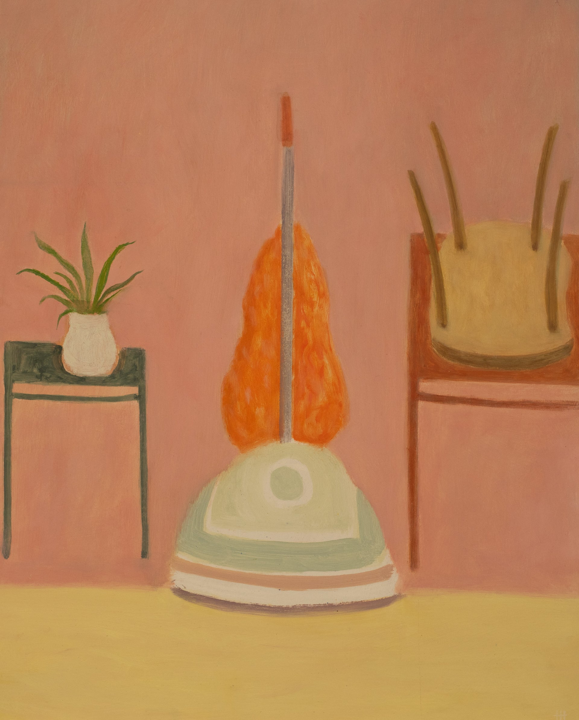 Oil painting of a retro hoover stood between two tables in soft tones of pink by artist Heath Hearn