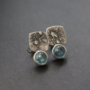 square textured silver earrings with pale blue stone by UK jewellery designer Carin Lindberg