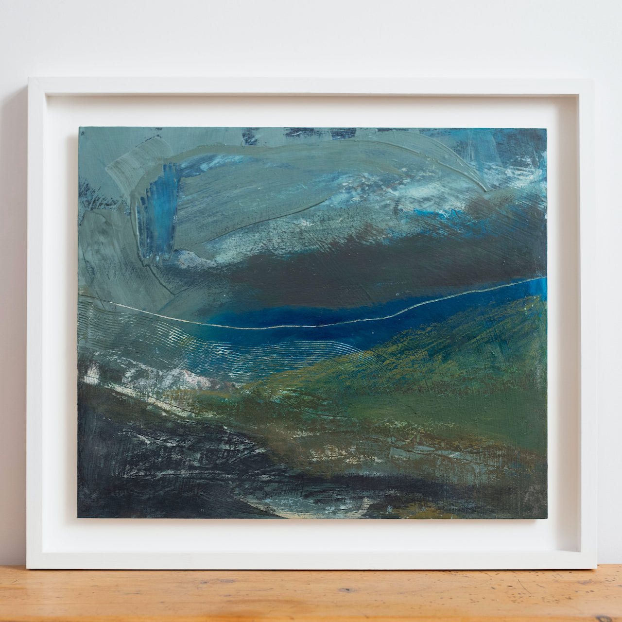 Abstract painting with tones of blues and greys by UK artist Alice Robinson-Carter.