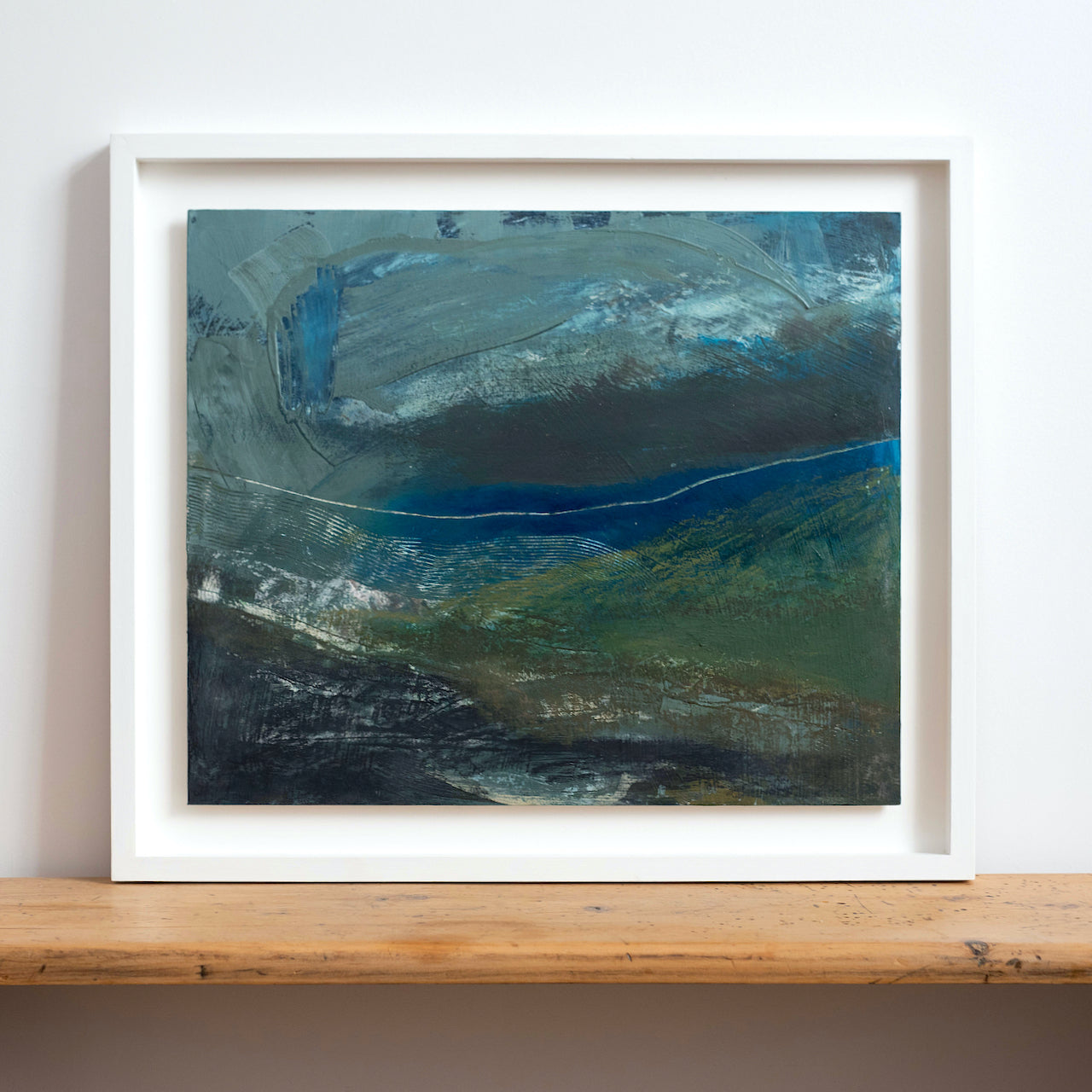 Abstract painting with tones of blues and greys by Alice Robinson-Carter.