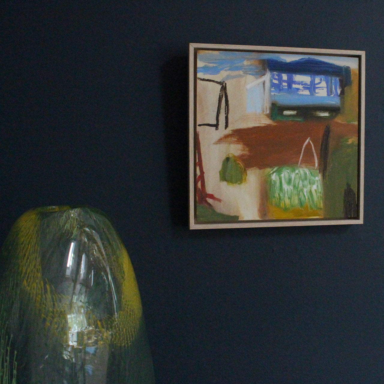 Abstract camping scene with tones of blue, ochre and green by Cornish artist Heath Hearn.