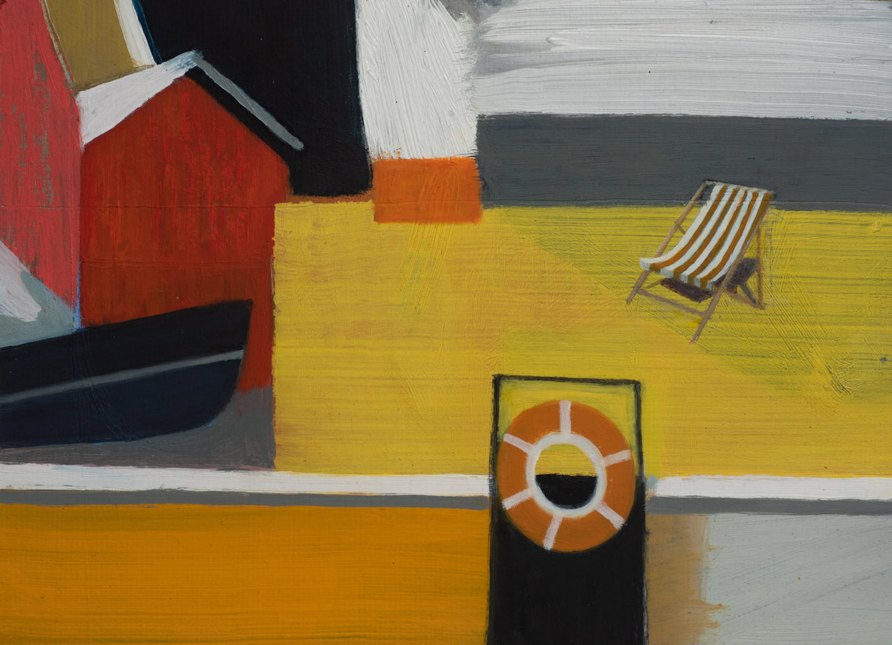 painting by Heath Hearn of a stripy deckchair on a yellow painted boat with an orange rubber ring in the foreground 