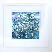 Cornish artist Claire Armitage, lino print of blue foliage, birds and trees