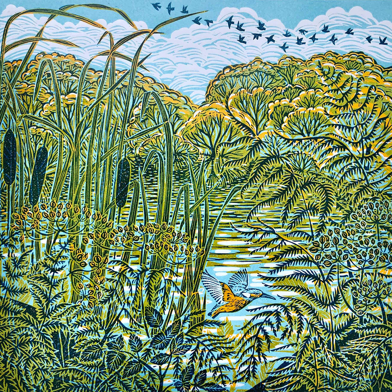 Cornish artist Claire Armitage, lino print with foliage and bull rush in the foreground with water and trees and sky in background.