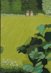 Green Gunnera in the foreground with two people onlooking in the background in front of trees by Cornish artist Siobhan Purdy