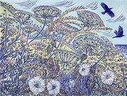 Artist Claire Armitage, lino print with blue and yellow tones foliage, birds, and ocean in the background