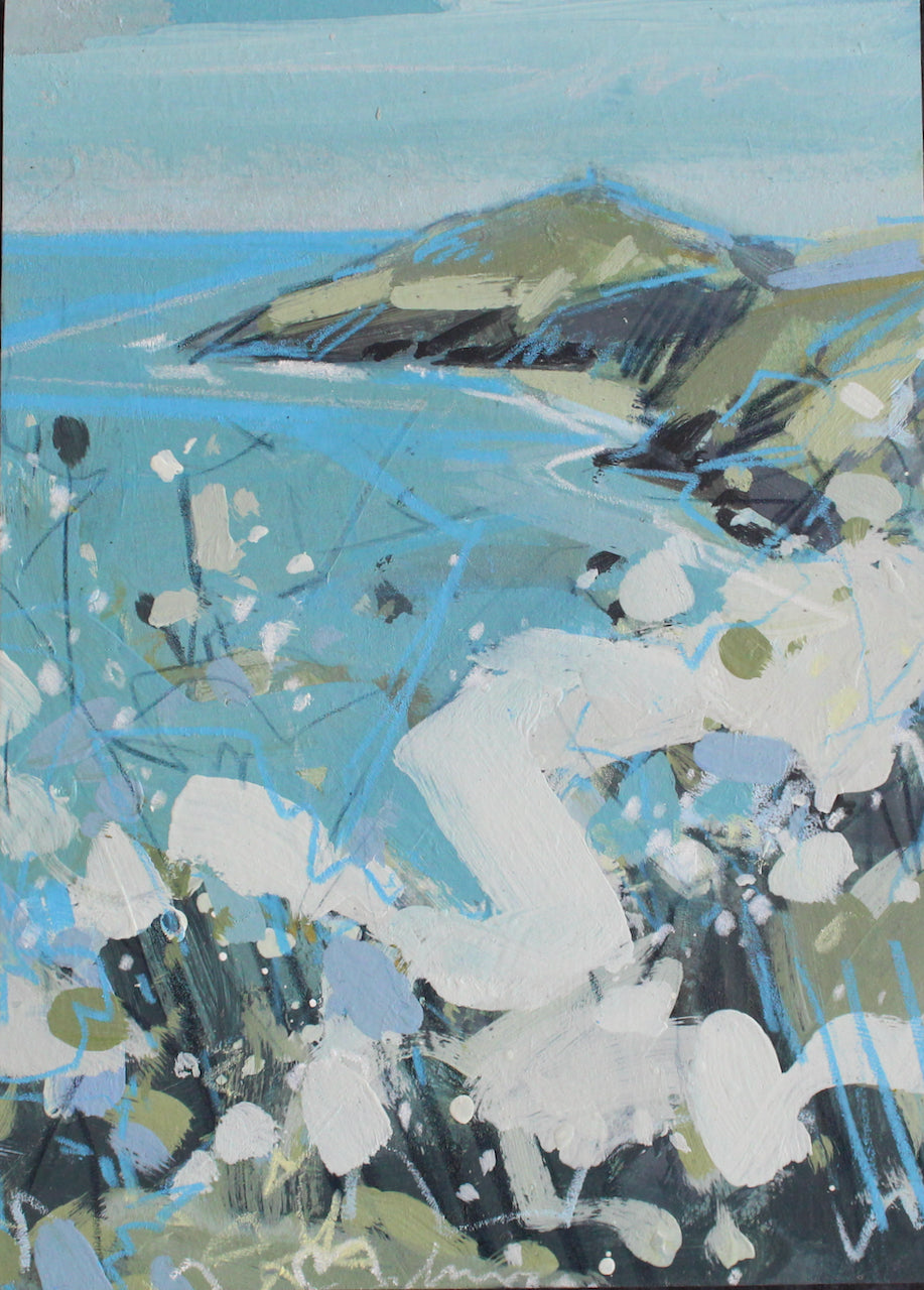 Imogen Bone small painting of Rame Head in Cornwall the sea is turquoise, the peninsula blue and the  hedgerow in the foreground is white and dark green 