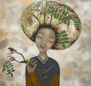 Siobhan Purdy painting of a woman with a hat in the form of a rowan tree, holding a branch on which a small bird is perched