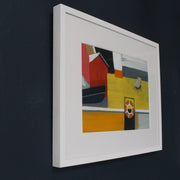 framed painting by Cornwall artist Heath Hearn of a stripy deckchair on a yellow painted boat with an orange rubber ring in the foreground