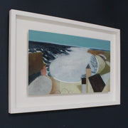 a framed Heath Hearn painting of a Cornish bay with blue sky and dark blue sea and a tower facing into the cove