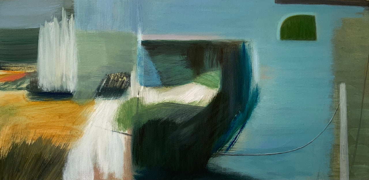 abstract painting by Heath Hearn in blues, greens and yellows depicting a cove and the Mewstone in Plymouth Sound