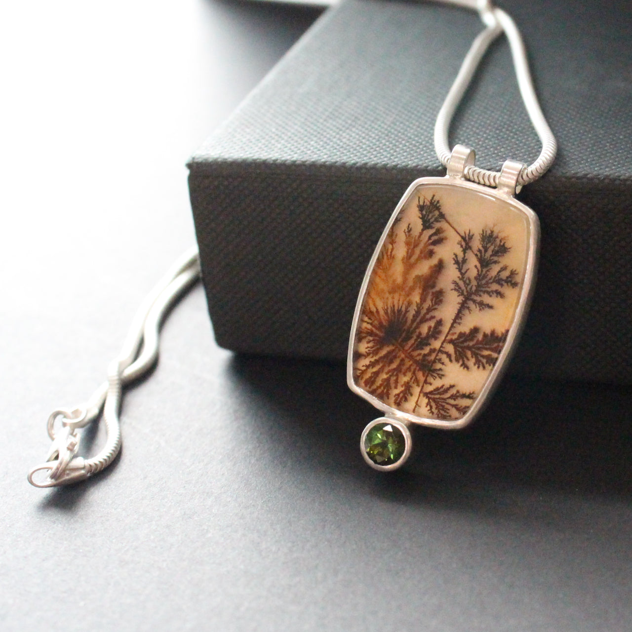Carin Lindberg -  Dendritic Agate pendant with green tourmaline in sterling silver setting