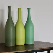 Green ceramic bottle trio by UK ceramicist Lucy Burley