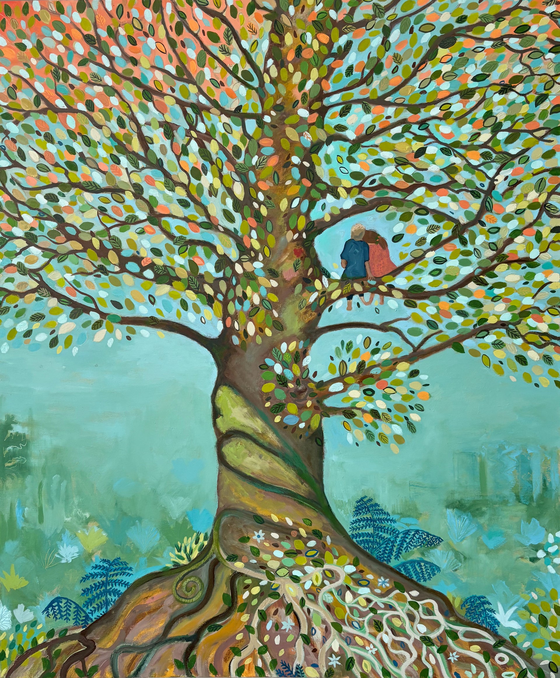 Siobhan Purdy painting of a tree with multi-colour leaves and couple sitting on a branch