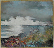 Julie Ellis seascape painting of white clouds on the horizon of a blue sea with flowers in the foreground