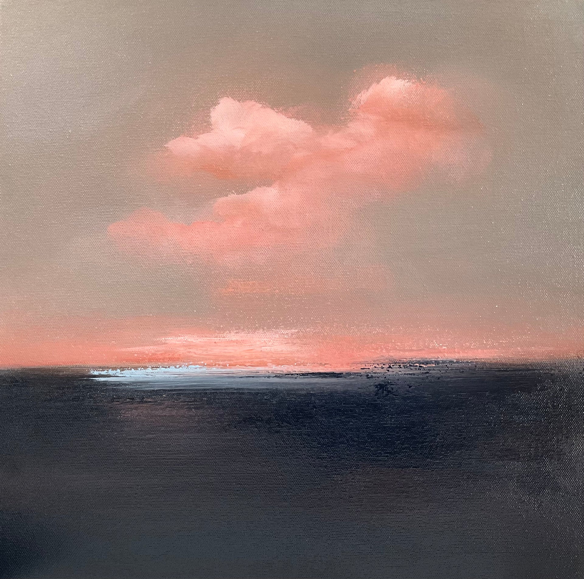 Seascape painting with pink, grey and white sky tones and dark sea by artist Nicola Mosley