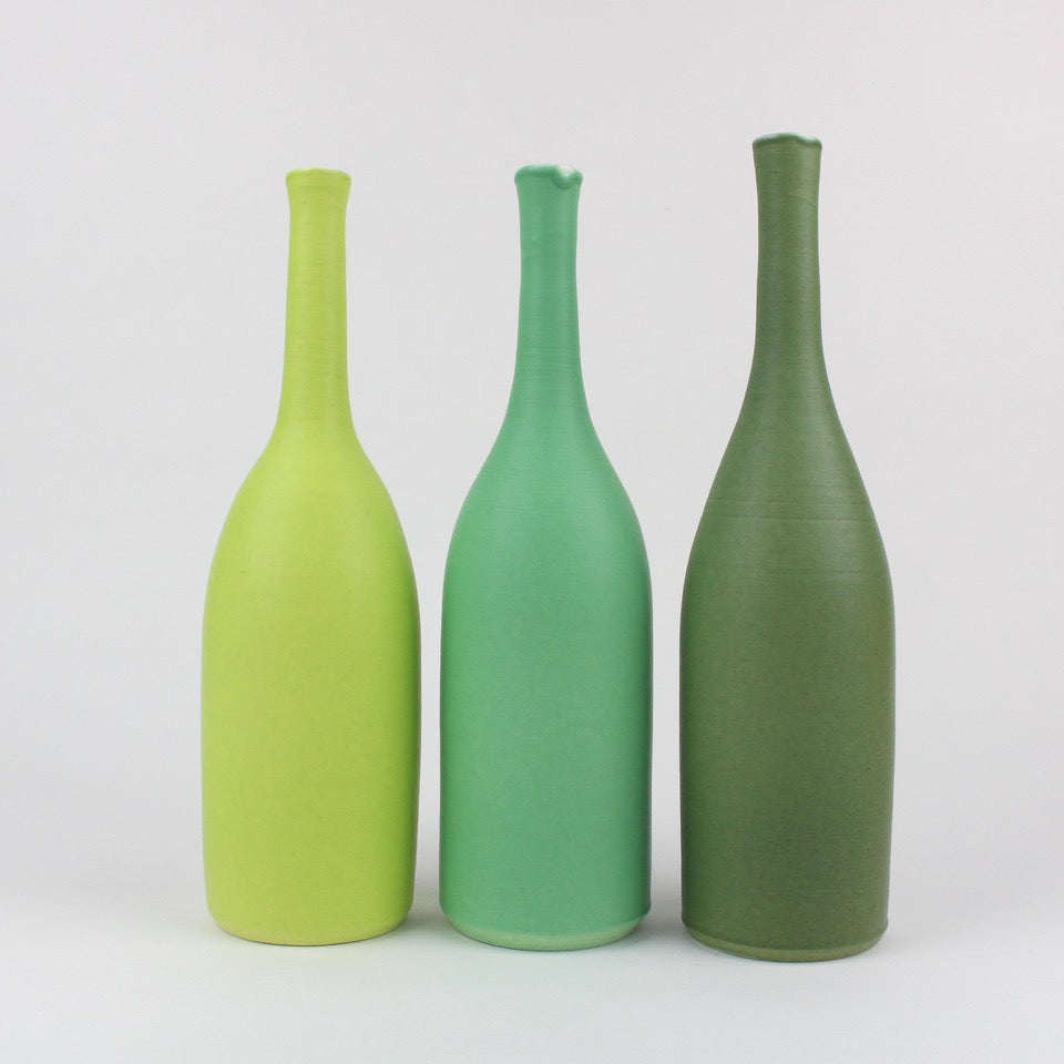 Three Green ceramic bottles by UK ceramicist Lucy Burley