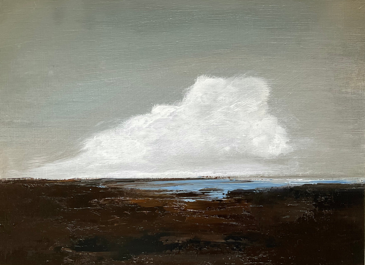 Cornish artist Nicola Mosley seascape of brown and black tones with turquoise ocean and white clouds.