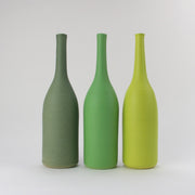 trio of green ceramic bottles by UK potter Lucy Burley.