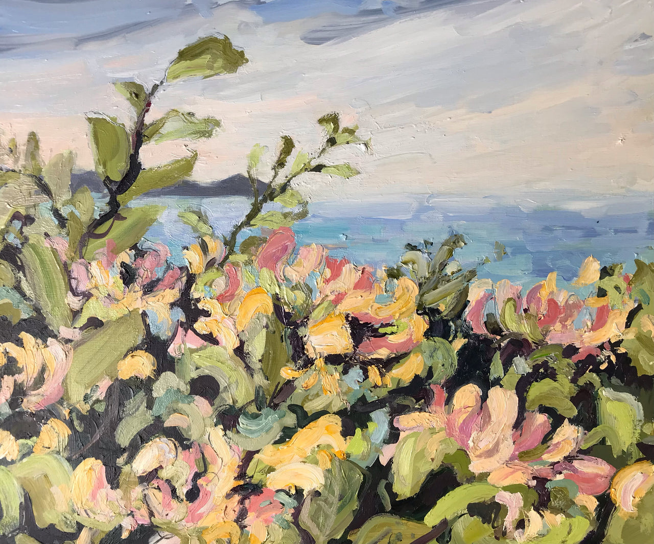 Jill Hudson painting of flowers and foliage of pinks, greens and yellows in foreground, sea and Rame Head peninsula  in the background.