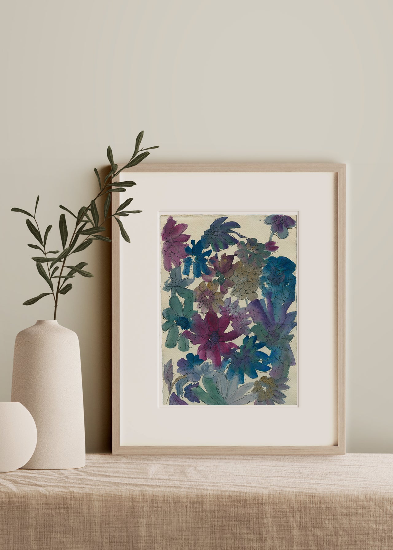 Artist Lucy Williams ink painting of flowers in tones of blue, purple