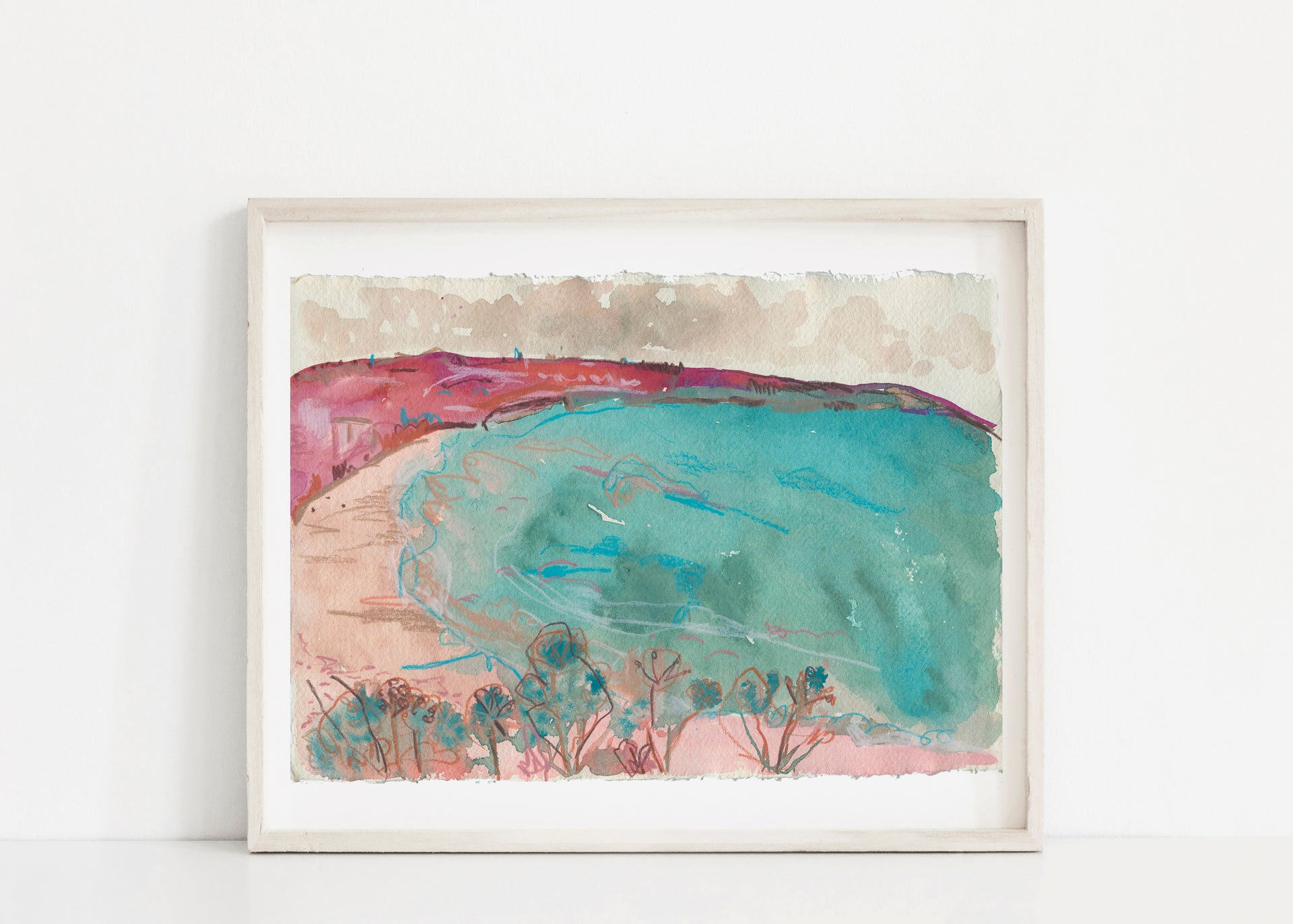 Seascape in tones of turquoise and headland in pink tones by artist Lucy Innes Williams
