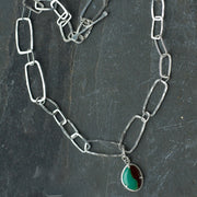 Monolith shaped silver chain link necklace with Chrysoprase Pendant by artist Lucy Spink
