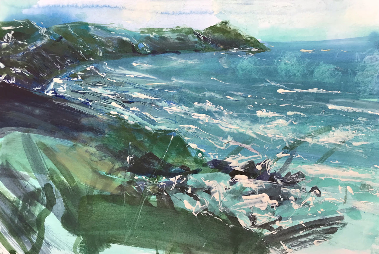 Rame Peninsula seascape with blue and white ocean, green and black headland by artist Jill Hudson