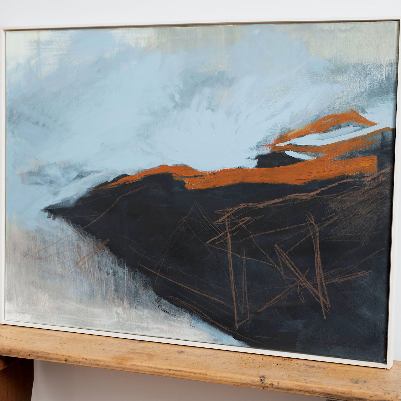 Large abstract mixed media painting of dark landscape with orange tones by Alice Robinson-Carter