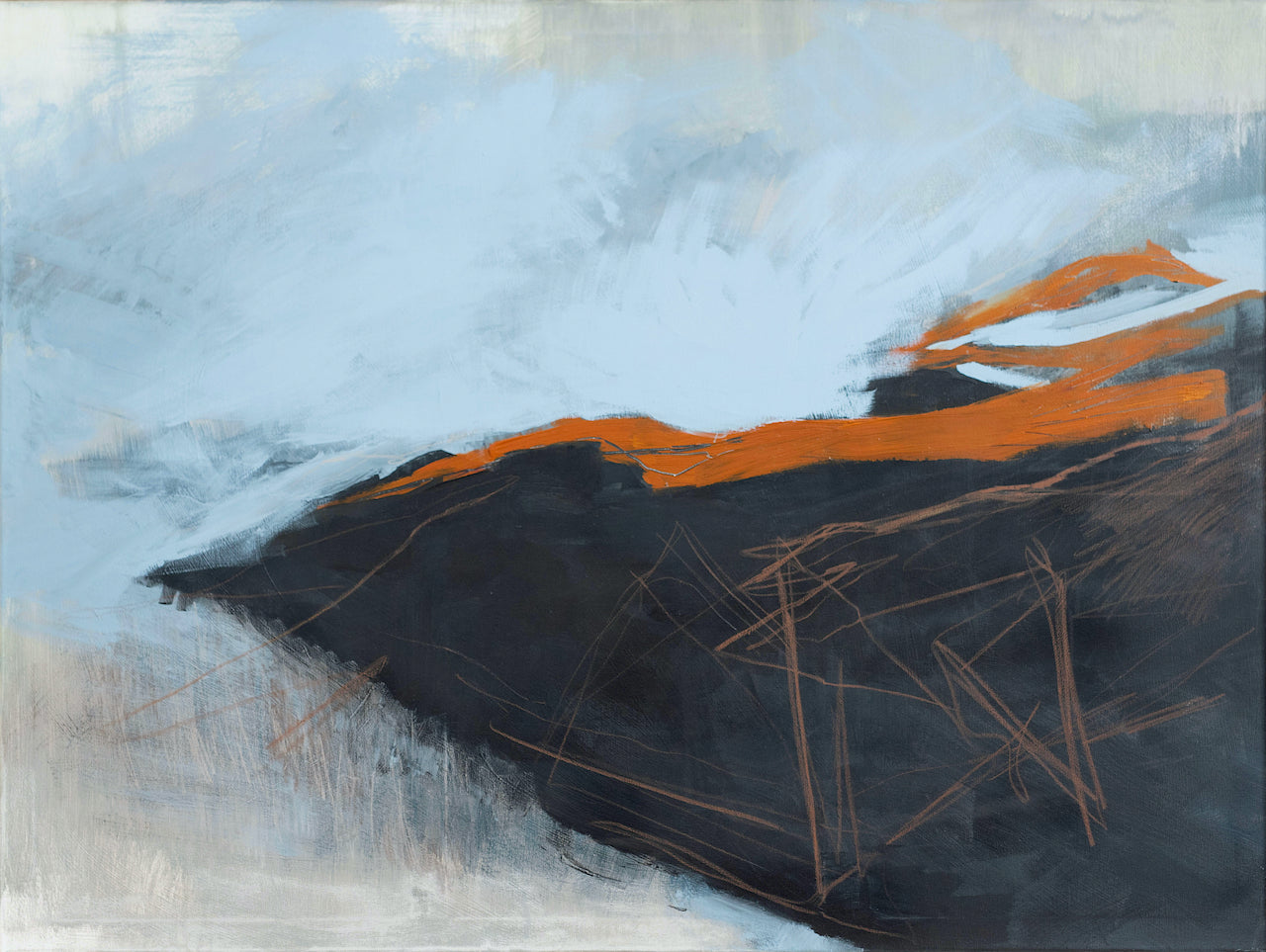 Large abstract mixed media painting of dark landscape with orange tones by Alice Robinson-Carter.