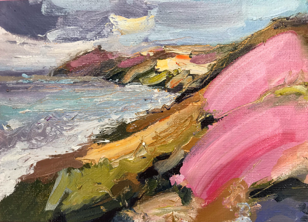A kaleidoscope of pinks, creams and earthy tone headland with blue & white ocean by artist Jill Hudson