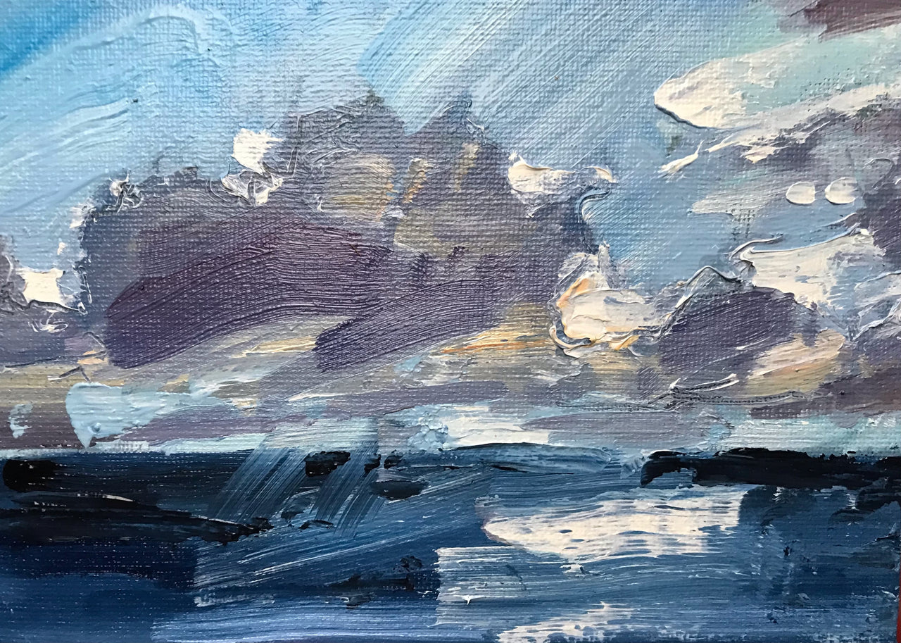An abundance of blue and white tones of the ocean horizon by artist Jill Hudson