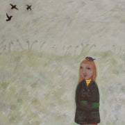Siobhan Purdy painting of a girl with long blonde hair wearing a dark green coast with binoculars round her neck and a bird on top of her head