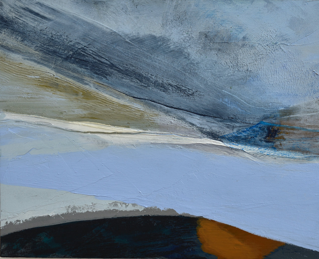 Mixed media painting on canvas board of blue tones by UK artist Alice Robinson-Carter