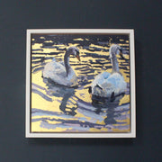 Artist Jill Hudson, two swans swimming on gold reflection water