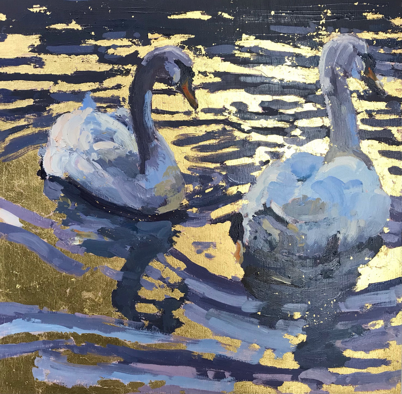 A Jill Hudson painting of two swans swimming on gold reflection water.