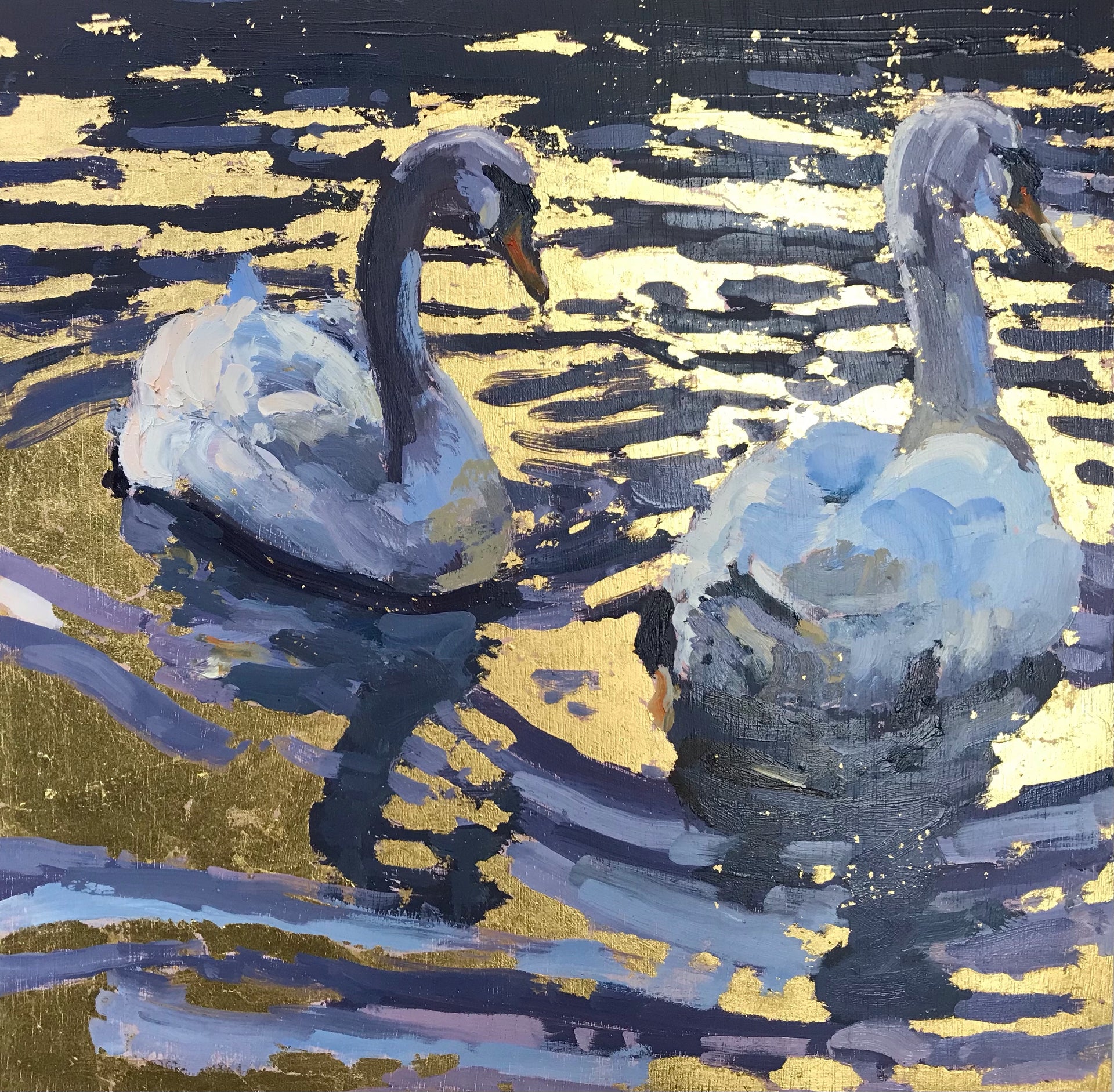 A Jill Hudson painting of two swans swimming on gold reflection water.