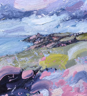 colourful Jill Hudson oil painting of Rame Head in south east Cornwall: the headland is green and pink under a blue and white sky and the foreground shows yellow and pink wildflowers