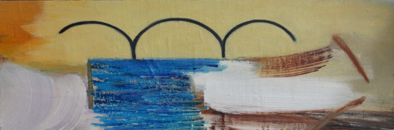 Abstract bridge painting with tones of blue and ochre by Cornish artist Heath Hearn.