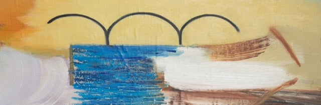 Abstract bridge painting with tones of blue and ochre by Cornish artist Heath Hearn