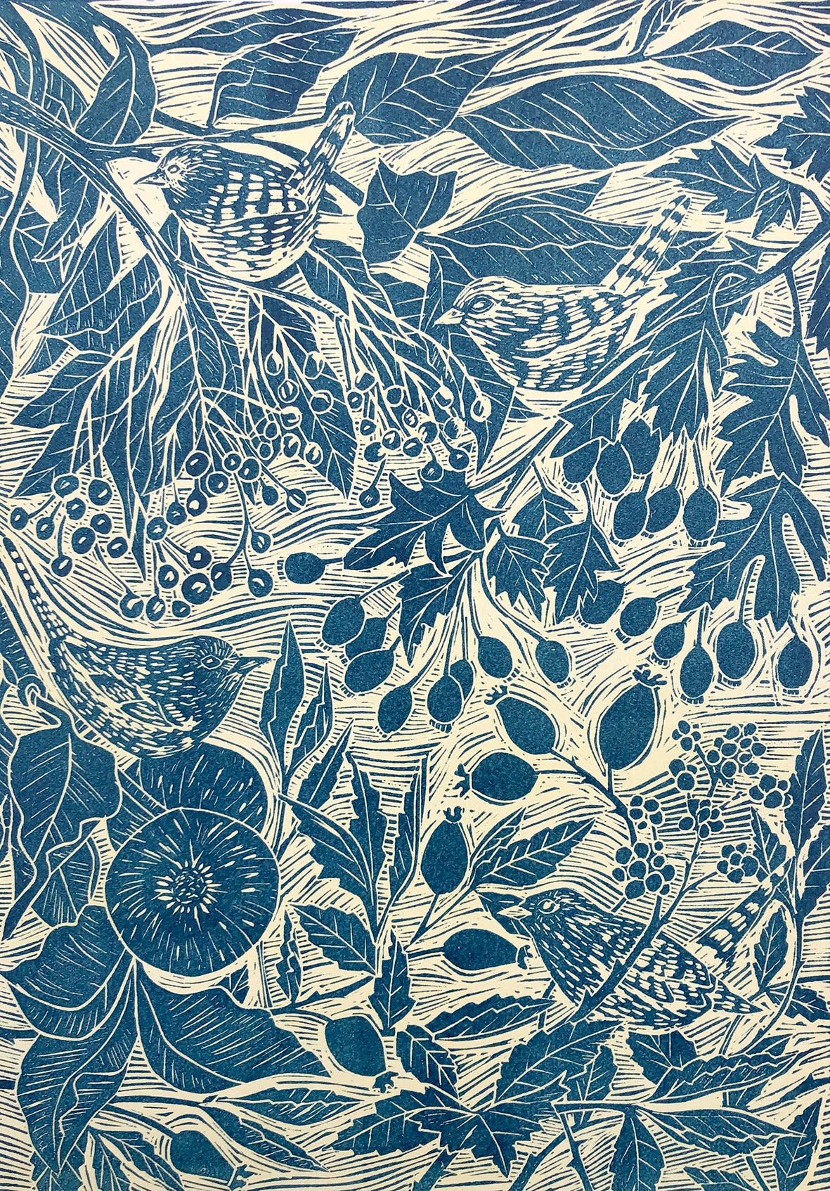 Blue lino cut print by Cornish artist Claire Armitage