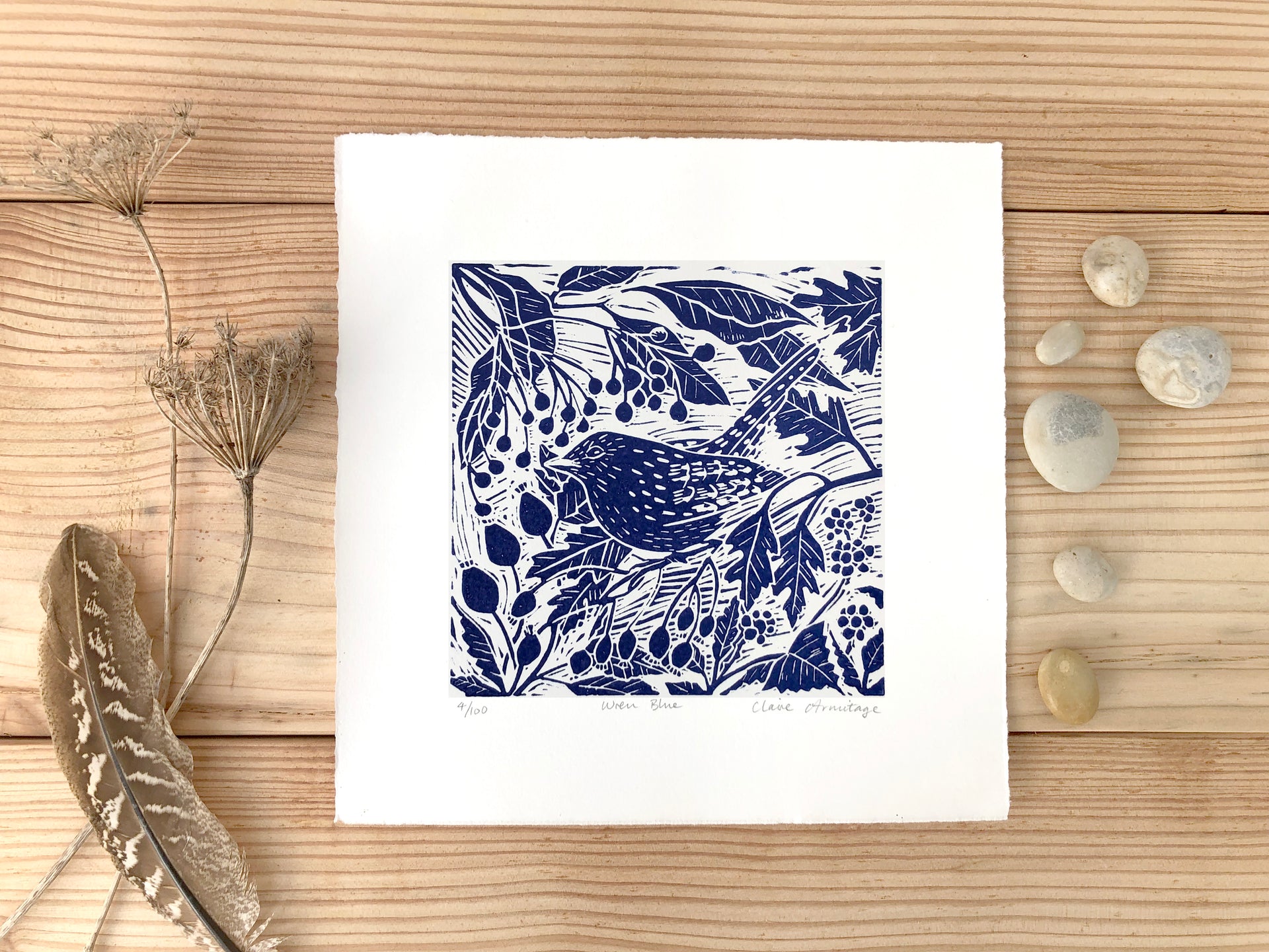 Blue lino print of a Wren and foliage by Cornish artist Claire Armitage.