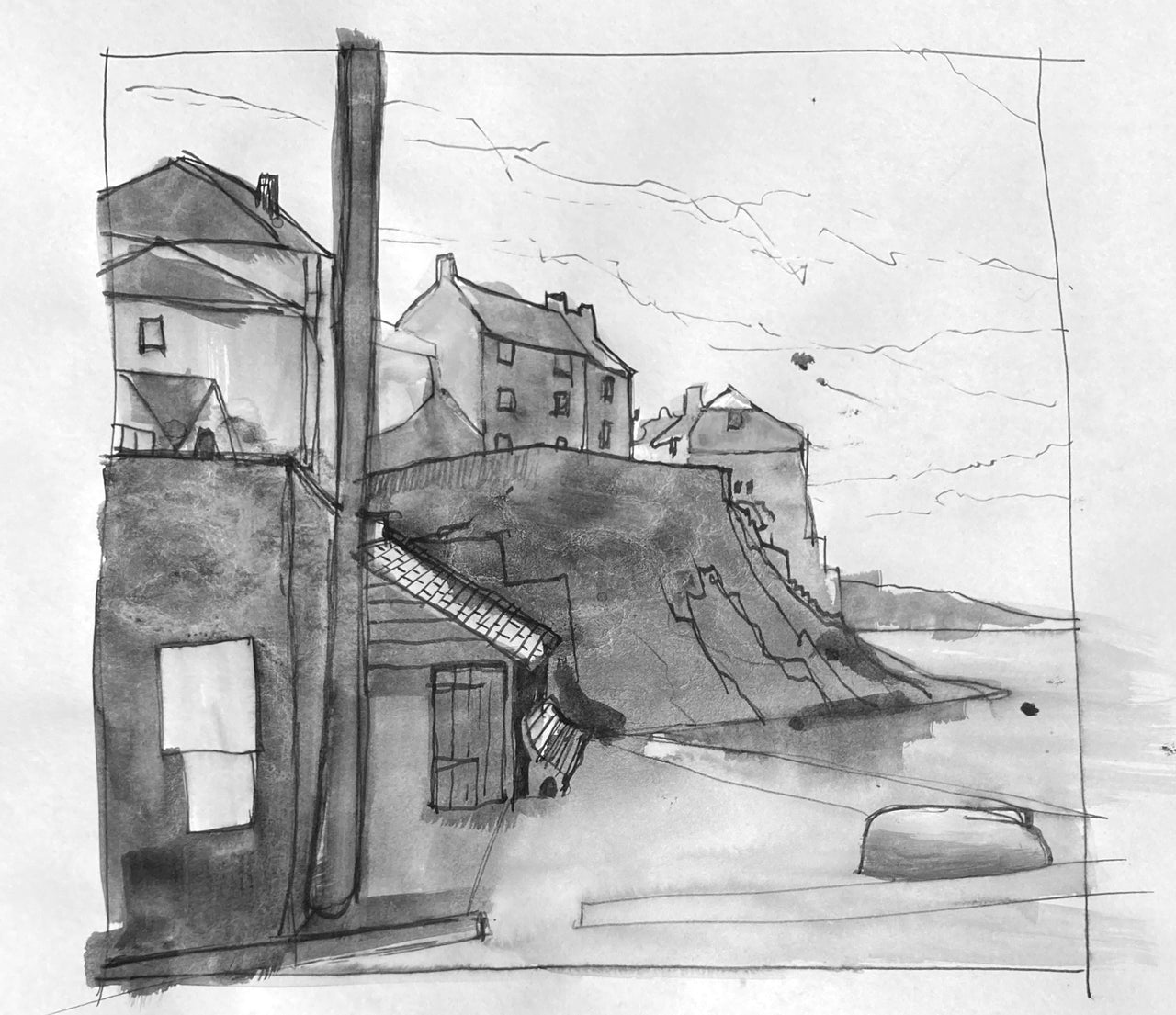 Black & white drawing of houses overlooking ocean with beach and upturned boat in the foreground by artist Steven Buckler