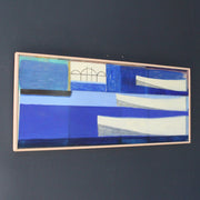 Three white boats on tones of blue with bridge in background by Cornish artist Heath Hearn.